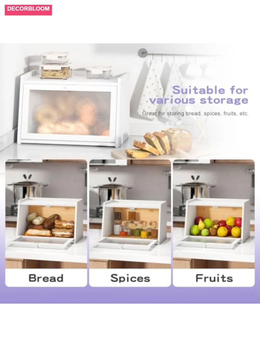 Large Farmhouse Bread Box with Wavy Window - Bamboo Wood Kitchen Countertop